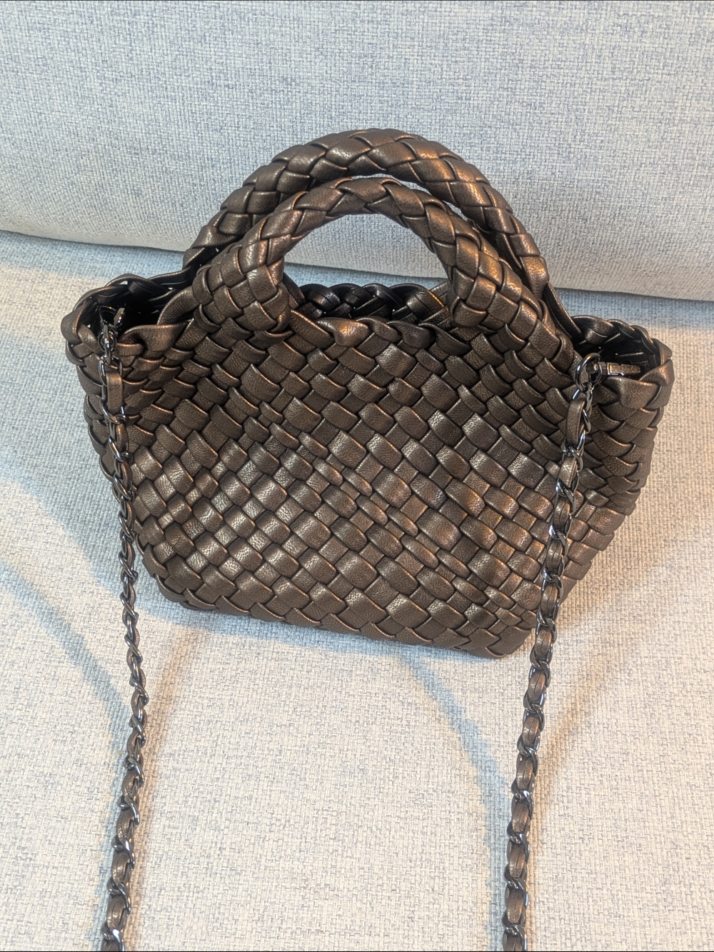 Metallic Brown Woven Mini Chain Strap Braided Handle Handbag - Picture 12 of 12